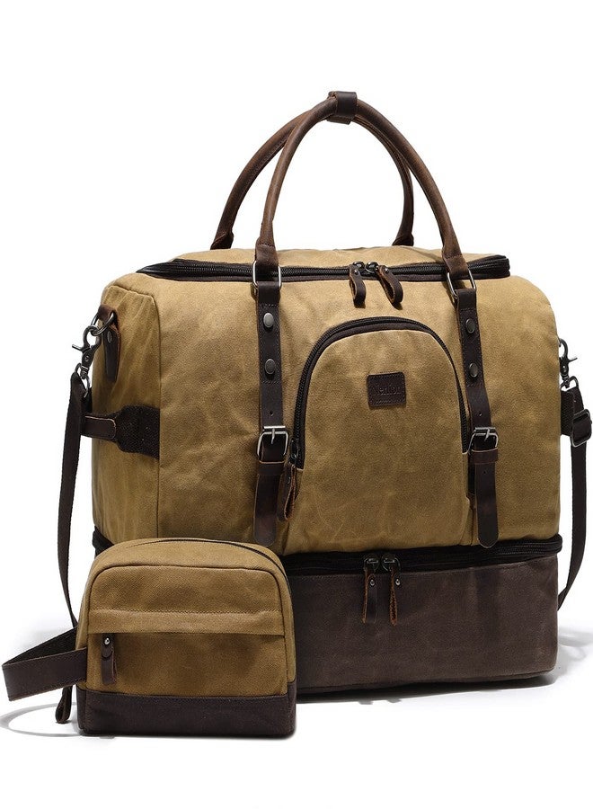 NerIion Nerlion Weekender Bag with Shoe Compartment Large Overnight Bag for Men Canvas Genuine Leather Carry on Luggage Bag Travel Duffel Bag(Brown) - Image 1